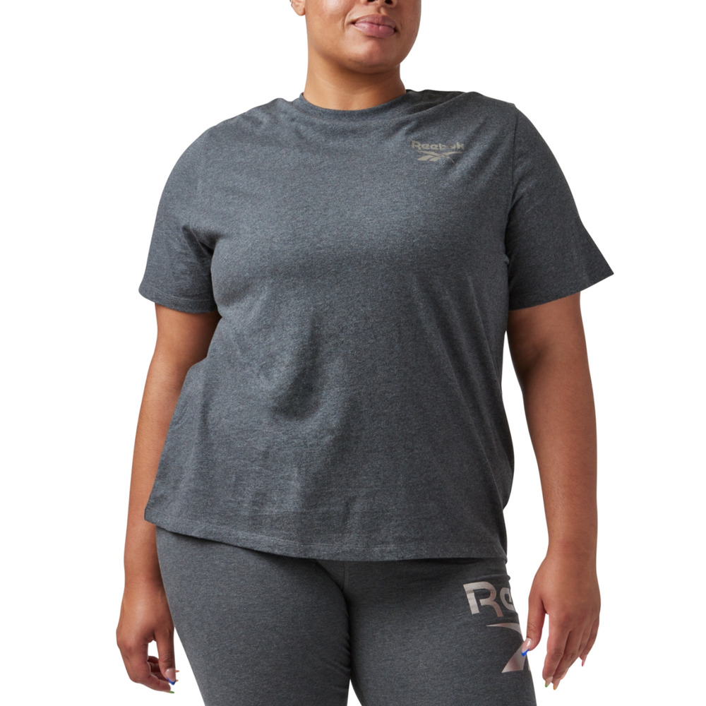 Reebok Metallic Logo Cotton T-Shirt Dark Grey Heather Plus Size 1X